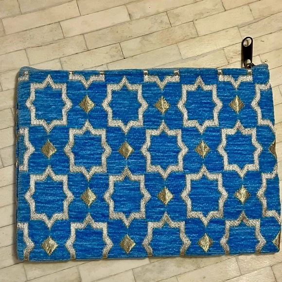 Blue and Gold Geometric Textured Fabric Clutch Pouch - Picture 2 of 8